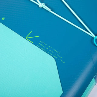 Blue mat with measurement details and a green arrow on a blue background