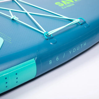 Blue and green surfboard with 'SAV' branding on a white background