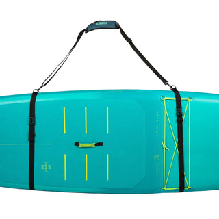 Teal paddleboard with black straps on a white background