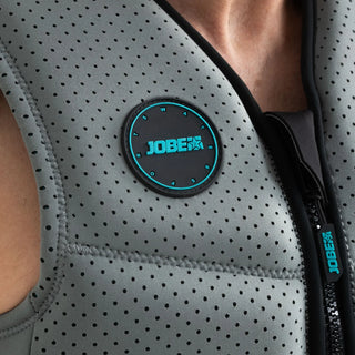Gray life vest with JOBE logo on a close-up of the chest area