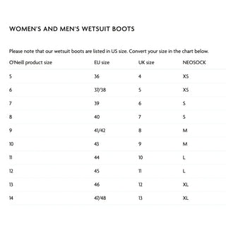 How to choose the perfect neoprene sock. Wetsuit size guide for O'Neill boots.